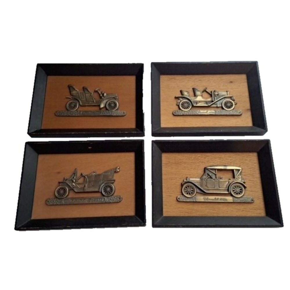 VTG 4 pc 1900's Cars Automobile Wood Metal 5x7" Ford‎ Chevy Buick Cadillac Japan